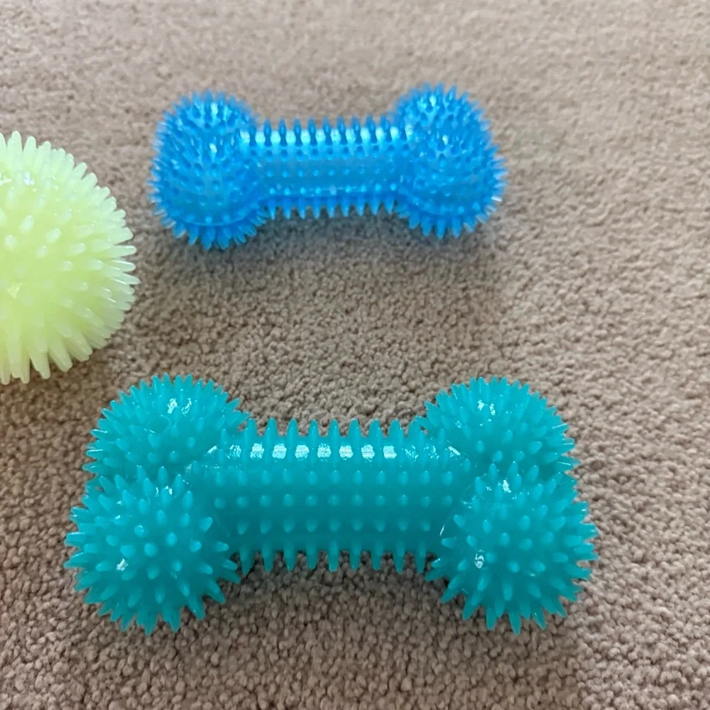 Vibrant Spiky Squeaky Dog Toy Set - Orange, Blue, Green - Set of Five (5)